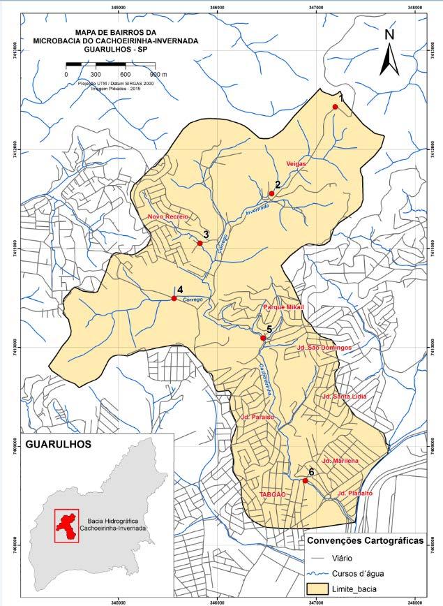 Figura 1. Localização da BHCI no município de Guarulhos (SP) e os respectivos pontos de coletas. Fonte: Laboratório de Geoprocessamento da UnG.