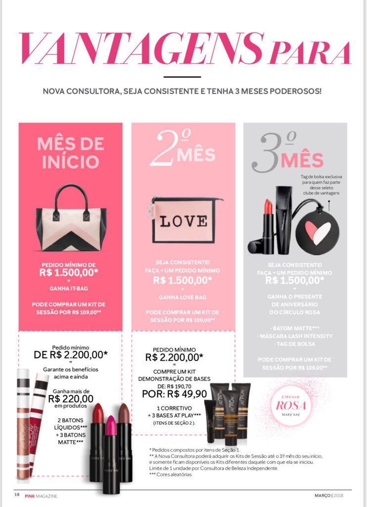 Explique o investimento e benefícios do mês Custo de abertura da franquia Mary Kay: 3x de 56 ou 169 à vista recebe R$500,00 reais em produtos para demonstração além de todos os materiais de apoio!