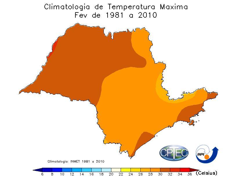 As temperaturas máximas alcançam valores médios de 23 C em Campos do Jordão e oscilam próximas a 30 C nos demais pontos do Vale e no Litoral Norte.