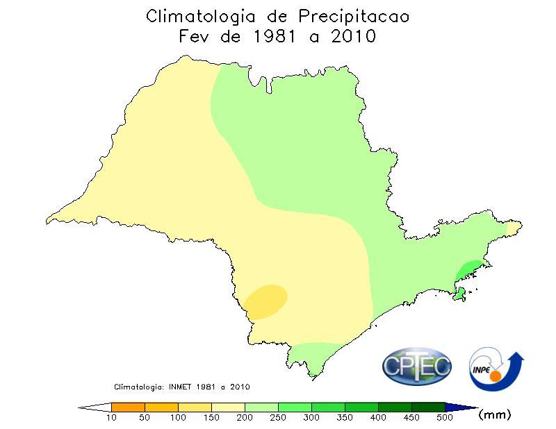Perspectivas do mês de Fevereiro O mês de fevereiro faz parte da estação chuvosa do Sudeste do Brasil, embora sobre o Estado de São Paulo, já seja notada uma redução dos totais acumulados de