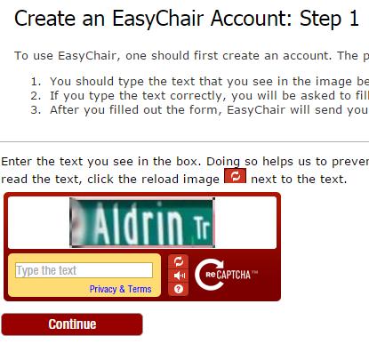 Passo 2: Iniciar registo no Easychair No caso de não ter uma conta criada no Easychair, deverá escolher Sign up for an account.