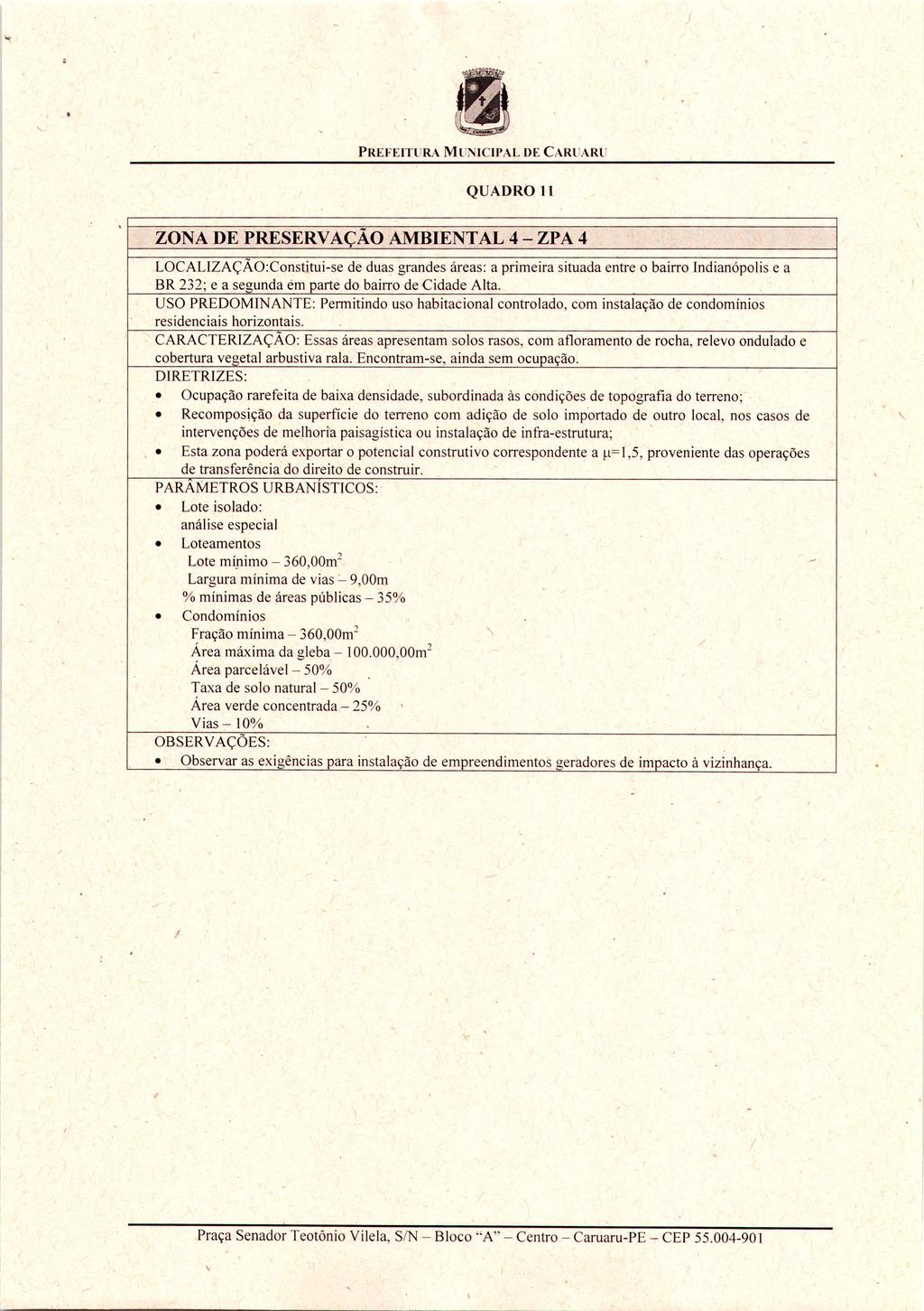 PREFElTURA MUNICIPAL DE CARUARU QUADRO 11 ZONA DE PRESERV A<;AO AMBIENT.