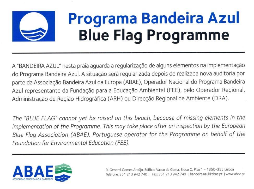 Exemplo Internacional de painel comum Se a Bandeira Azul for arriada, deve ser