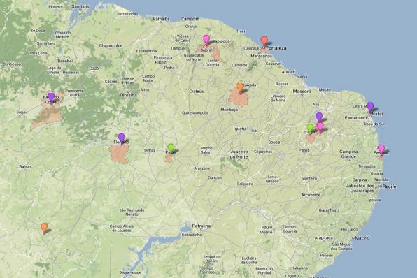 Figura 1: Localização geográfica das plataformas de coleta de dados no litoral e interior nordestino.