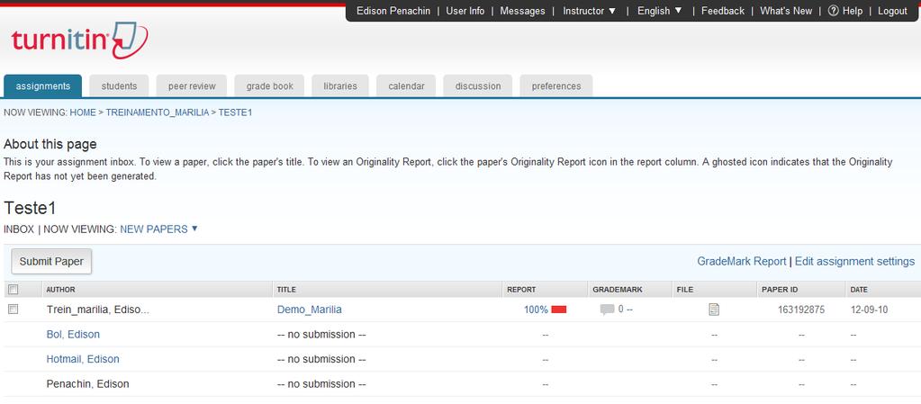 GradeMark Avaliação Página da tarefa mostrando os dados do aluno, do documento