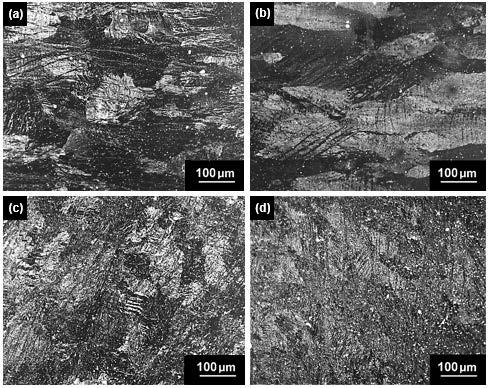 Figura 1 - Microestruturas da liga AA6061: (a) ECA-2X; (b) Crio-ECA-2X;(c) ECA-6X e (d) Crio-ECA-6X.