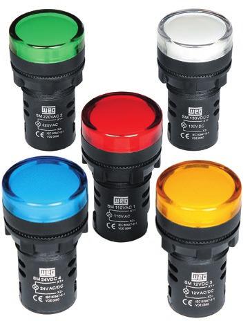 Sinaleiros Monobloco com LED (Ø22 mm) Tabela de Seleção Referência Tensão Cor Código WEG CEW-SM1-E25 Vermelho 146535 CEW-SM2-E25 Verde 146536 CEW-SM3-E25 12 V ca/v cc Amarelo 146537 CEW-SM4-E25 Azul