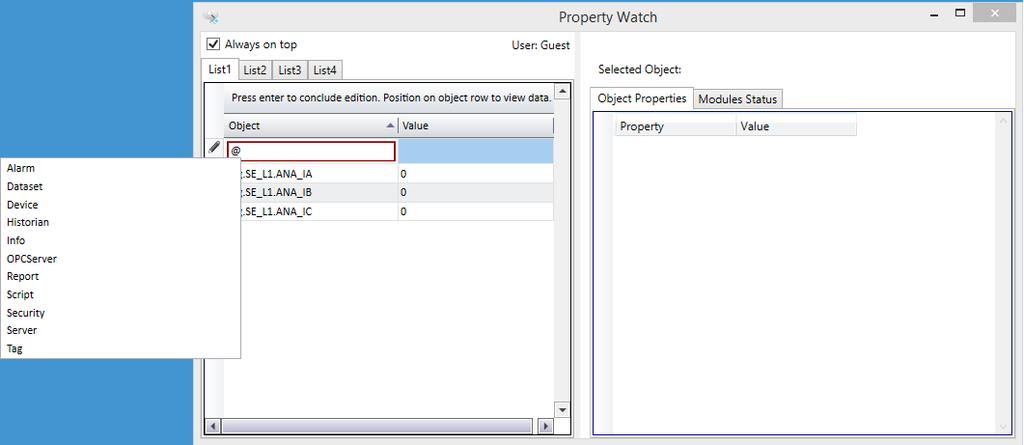 Action₀NET Engenharia NameSpace durante Execução Janela de Watch, onde pode-se incluir objetos e atributos de objetos para a monitoração em tempo de execução.