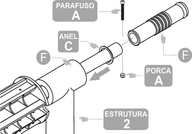3 A - Encaixe a PEÇA D no tubo superior D da ESTRUTURA 1 B - Coincida os furos do tubo superior D e da PEÇA D e utilize o Parafuso B e a Porca A para fixa-lo.
