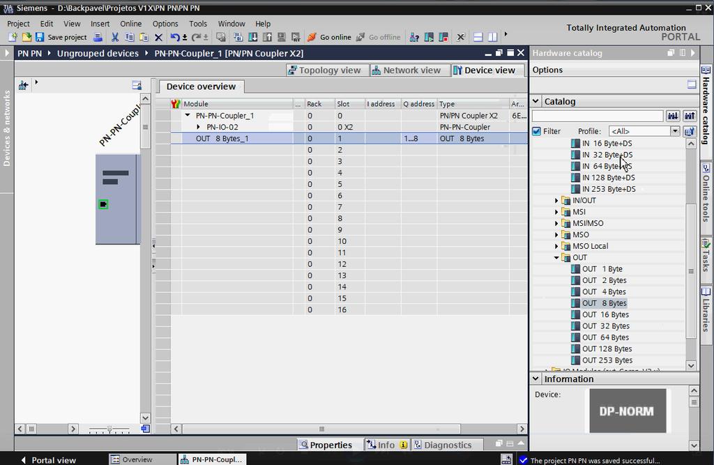 Mover área de tranferência OUT 8 byte, para a tabela na linha (lot) 1: Mover área de tranferência IN 16 byte + DS, para a tabela na linha (lot) 2: Dica: A configuraçõe no doi projeto