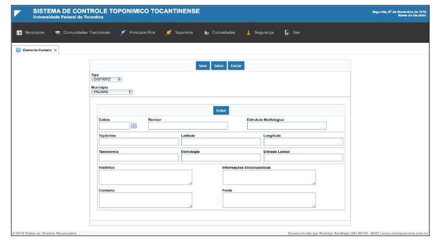 A figura 4, descrita a seguir, apresenta o processo de preenchimento das informações para o cadastro de topônimos: especificadamente a inserção dos elementos humanos, função específica do