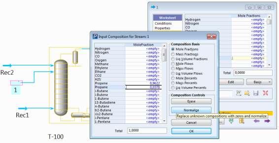 0,0378 e Propeno 0,9622 Sempre depois de adicionar a composição, clica-se em normalize para que o simulador aplique