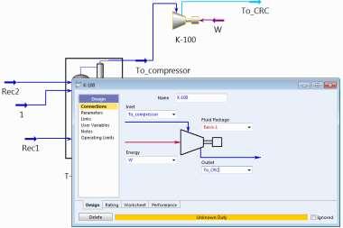 1 Adiciona-se o compressor, é necessário informar as correntes de entrada e saída e também qual a carga de energia térmica ele está recebendo.