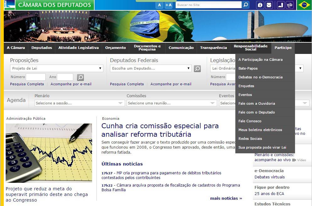 Figura 1. Portal da Câmara dos Deputados. Aba Participe, 2010, Brasil.