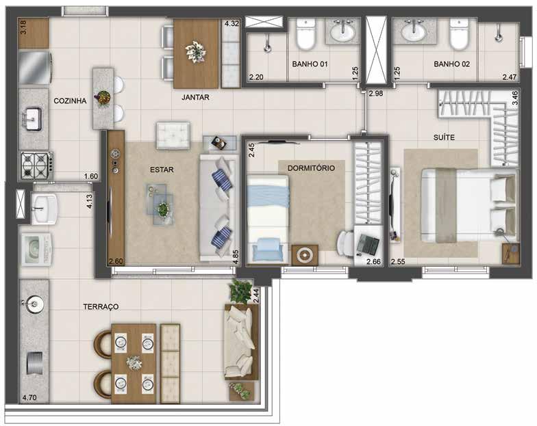 PLANTA 65 m 2 [ 2 dorms. ] Ilustração artística da planta tipo de 65 m 2 Os móveis, objetos e revestimentos de piso, parede e forro são sugestões decorativas, não fazendo parte do contrato.