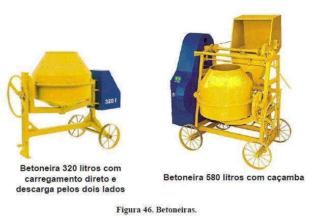 Execução do Concreto em Betoneira: 1. Betoneiras com carregamento direto (Figura 46) neste caso, a mistura, para um saco de cimento, é feita com a betoneira girando: a. adicionar água; b.