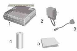 2 Tirar da embalagem A remessa contém: 1 - Impressora 2 Adaptador de rede 3 Cabo da impressora 4-1 x rolo de papel térmico 5 Manual de instruções Se faltar um dos artigos acima mencionados, dirija-se