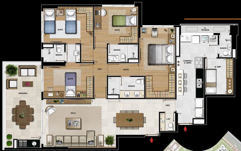 Ed. Bordeaux, Bourgogne e Provence - 4Q Área Privativa: 160m² Acessos social e serviço com portas de 90cm Boca de sala