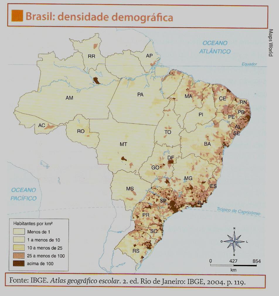 População mal distribuída Algumas áreas o Brasil são mais povoadas do que outras. Das cinco regiões brasileiras as mais populosa são o sudeste e a nordeste.