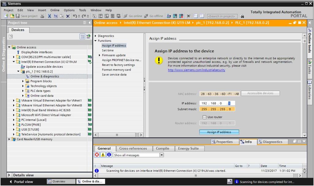 Em "Functions" (Funções) você encontrará o item "Assign IP address" (Atribuir endereço IP). Insira, aqui, por exemplo, o seguinte endereço de IP: Endereço IP: 192.168.0.