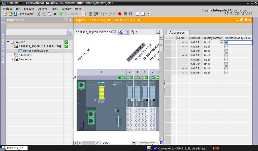 Com um duplo clique em "configuração do dispositivo" é possível ver uma configuração carregada na visualização do projeto.