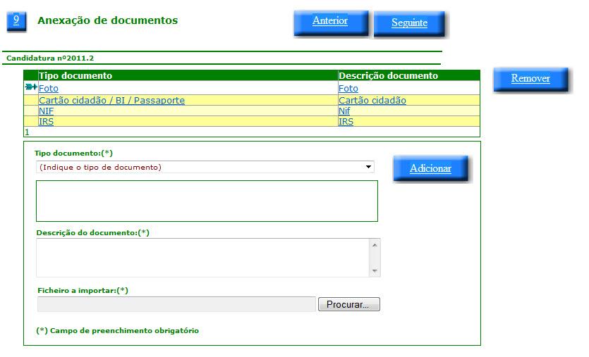 Preenchimento Quadro 9 Neste quadro é pedido ao aluno que digitalize e envie um conjunto de documentos.