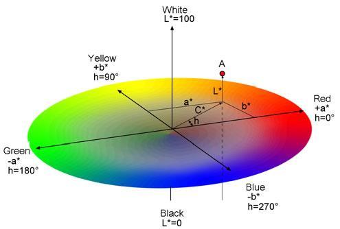 representada pelas cores primárias vermelho, verde, amarelo e azul. E é simbolizada pelas variáveis cromáticas a* e b* localizadas no eixo perpendicular ao eixo cinza.