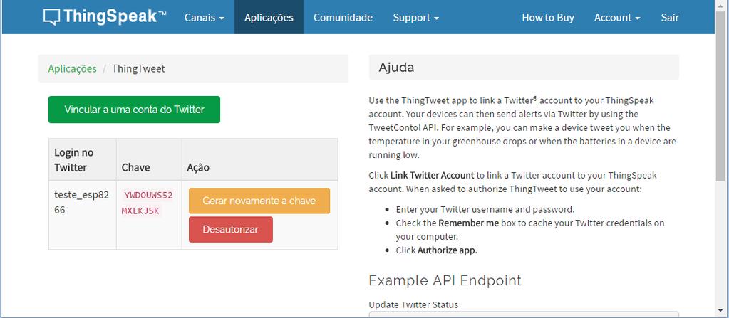 Atenção especial ao campo Chave, pois é através dele poderemos carregar uma nova mensagem no Twitter usando o ThingSpeak como acessório.