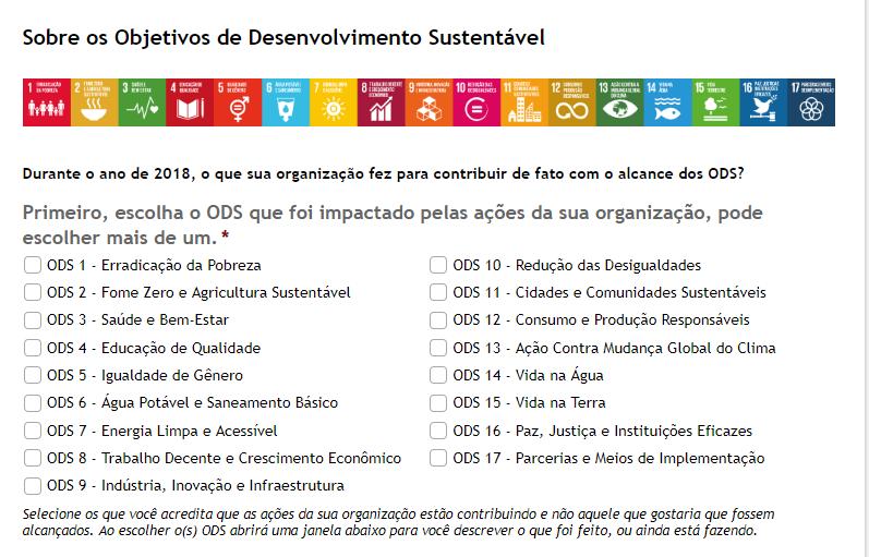 Para cada ODS que você escolher, abrirá uma caixa abaixo para você nos contar o que sua organização fez para contribuir com esse ODS.