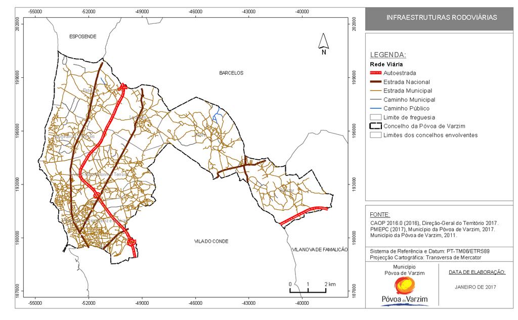 Mapa 1 Infraestruturas rodoviárias do município da Póvoa de Varzim 3.1.2 INFRAESTRUTURAS FERROVIÁRIAS A linha de metro entre a Póvoa e o Porto foi inaugurada no dia 18 de março de 2006.