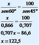 Exemplo 1 Determine o valor de x no triângulo a seguir. sen120º = sen(180º 120º) = sen60º = 3/2 ou 0,865 sen45º = 2/2 ou 0,705 Fonte: < http://www.brasilescola.com/matematica/lei-dos-senos.