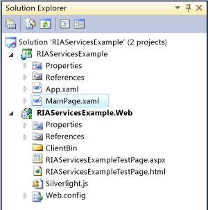 O projeto do cliente é chamado RIAServicesExample e que contém o código do Silverlight