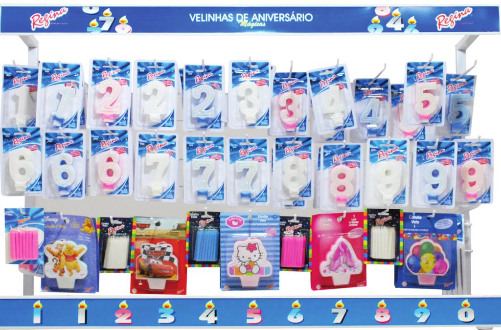 3548 - VELA ANIVERSARIO PALITO ESTRELA C/4 REGINA EAN: 7891175031530 2063 - VELA ANIVERSARIO SUPER N 0 AZUL REGINA EAN: 7891175018586 1884 - VELA ANIVERSARIO