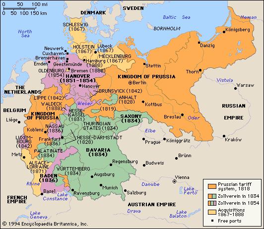 Unificação da Alemanha Etapas: 1-1834 adoção do ZOLLVEREIN, política aduaneira defendida pela Prússia para os 38 Estados,