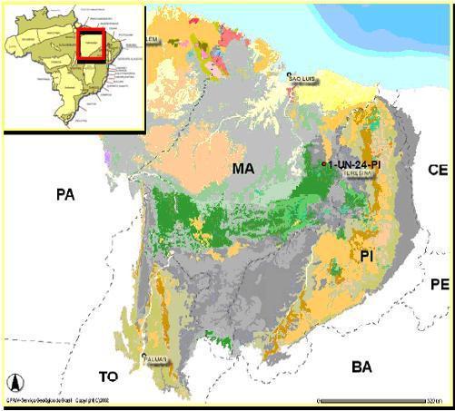12 Figura 1: Mapa geológico da Bacia do Parnaíba com a localização geográfica do poço 1-UN-24- PI (Mapa geológico, fonte: CPRM, 2005).