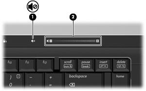 Ajustar o volume Para ajustar o volume, utilize os seguintes controlos: Botões de volume do computador (apenas modelos seleccionados): Para silenciar ou restaurar o volume, prima o botão de silenciar