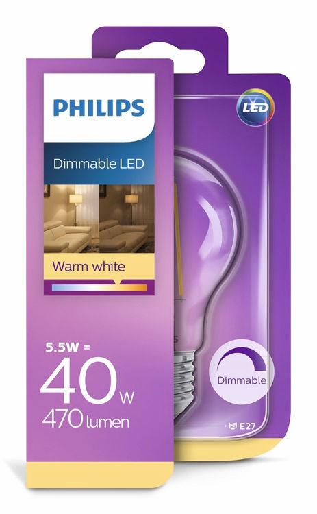 PHILIPS LED Lâmpada (intensidade de luz regulável) 5,5 W (40 W) E27 Branca quente Intensidade regulável Concebida para ser vista Formatos familiares que adora.