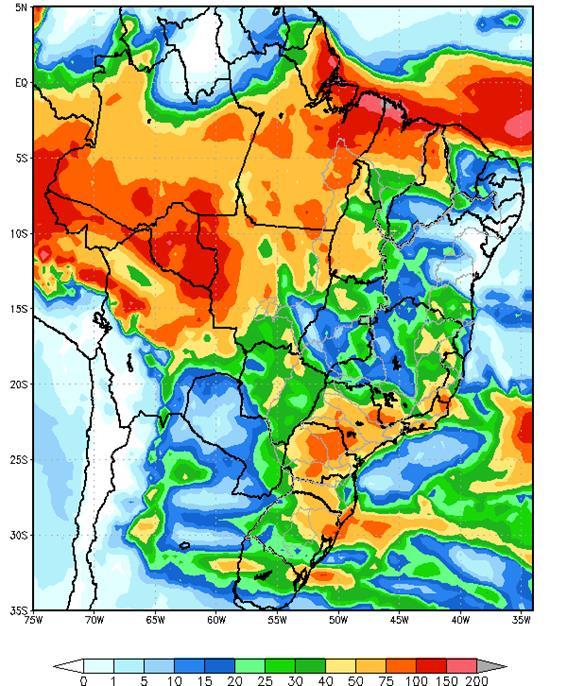 Figura 5 - Precipitação acumulada prevista pelo modelo ETA (CPTEC/INPE) para o período de 23/02 a 01/03/19 Nas bacias dos rios Paranapanema, Grande, Paranaíba e Iguaçu, e parte das bacias dos rios