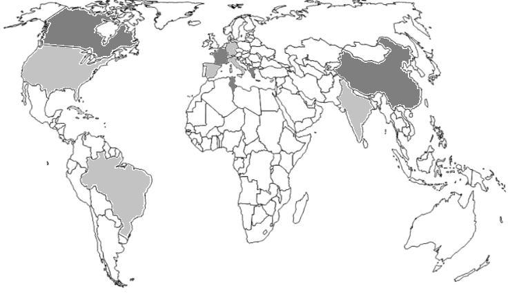 mapa, onde um indicador mais escuro designa a região onde há uma maior quantidade de trabalhos encontrados Figura 2 Distribuição das pesquisas pelo mundo Fonte: Os autores (2016) China, Tunísia,