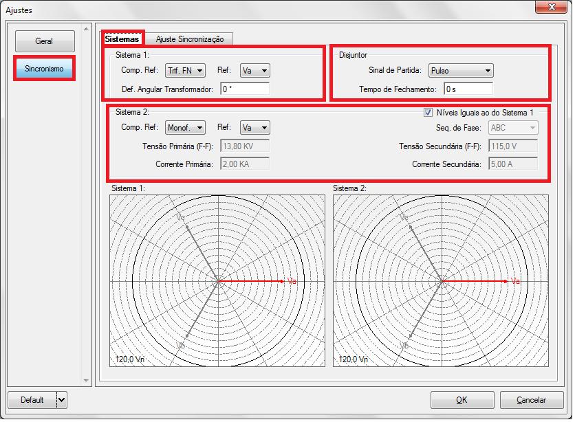 5. Ajustes Sincronismo 5.1 Tela Sincronismo > Sistemas Nessa aba devem-se inserir os dados do sistema 1, especificando qual a sua composição: Monofásico, Trifásico FN ou Trifásico FF.