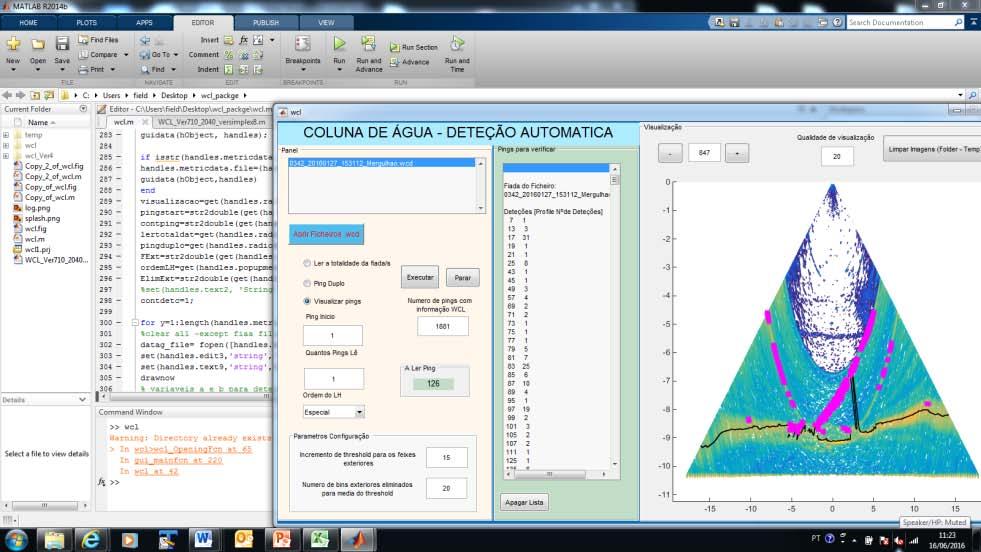 Algoritmo Metodologia EXEMPLO: Uma fiada do SMF EM2040C, com apenas 1 min e 40 s Nº feixe Profundidade média: 8 m Registou 2805 pings.