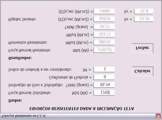 Figura 11.9 Tela de dados e resultados para a rotina do item 11.1.g seção retangular. 11.2.2. Seção em L A tabela 11.2 mostra os resultados da verificação do programa para uma seção em L.