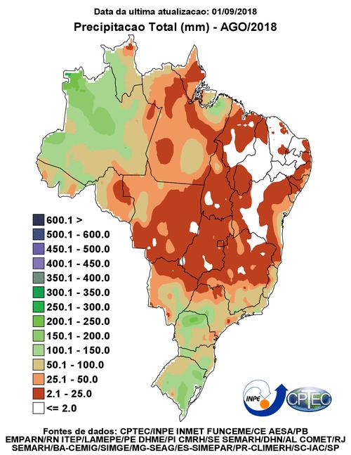 DISTRIBUIÇÃO ESPACIAL DA PRECIPITAÇÃO PLUVIOMÉTRICA NO MARANHÃO EM AGOSTO DE 2018 Na Figura 4 tem-se a distribuição dos totais acumulados de chuva no Brasil observados durante o mês de agosto de 2018.