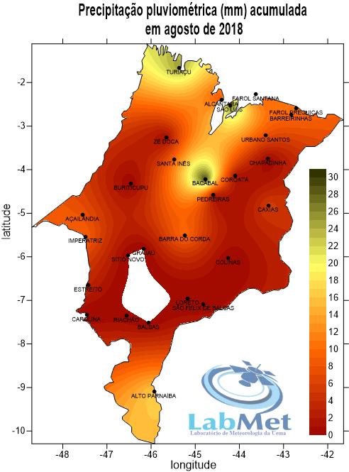 Figura 6 - Distribuição das chuvas em agosto de 2018 no Maranhão: valores observa Os acumulados de chuva no mês de agosto de 2018 para alguns municípios do Maranhão que possuem postos de medição de
