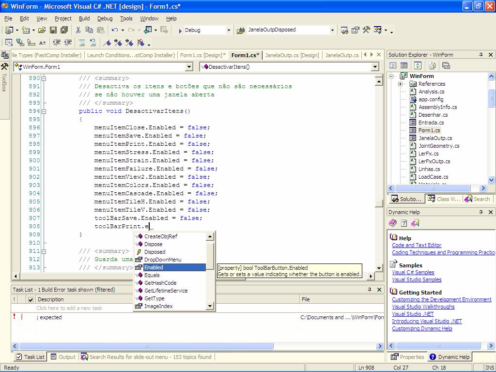 CAPÍTULO 3: FERRAMENTAS DE DESENVOLVIMENTO Figura 3.3: Uma lista IntelliSense é visível na zona central da janela do Visual Studio.NET e, em baixo, um aviso do controlo de sintaxe.