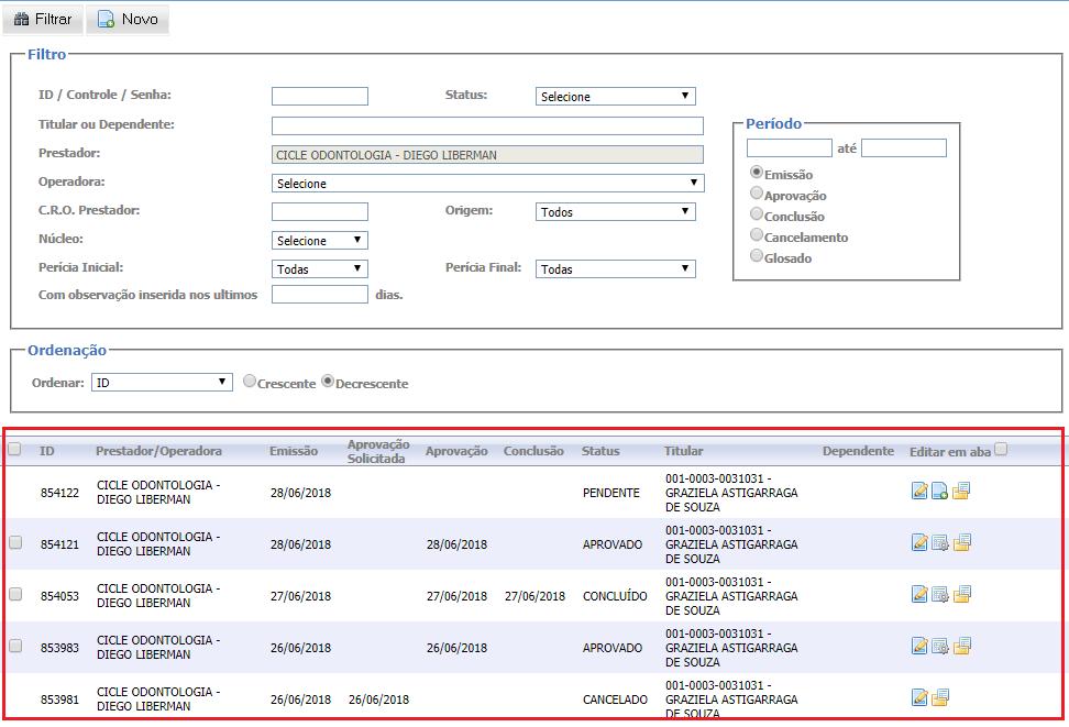 4. REALIZANDO O PLANO DE TRATAMENTO > Vá até o menu Orçamentos > Orçamentos, a tela inicial listará na parte inferior todos os orçamentos