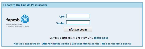 3. Em Cadastro Online do Pesquisador, preencha com o CPF e senha para