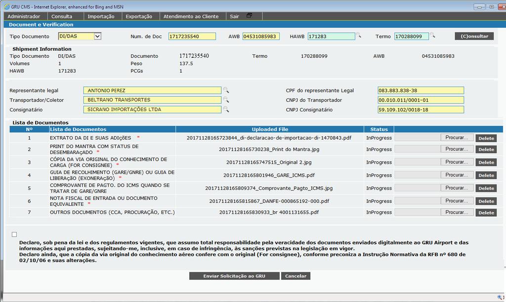 Realizado o carregamento de todos os documentos, o cliente deverá concordar com o Termo de Responsabilidade e clicar em Enviar Solicitação ao GRU para concluir a solicitação de verificação documental.