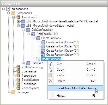 Na área "Arquivo de Resposta", clique com o botão direito em Modificar Partições > Inserir Nova ModifyPartition. Adicione mais dois objetos ModifyPartition, tendo um total de três objetos.