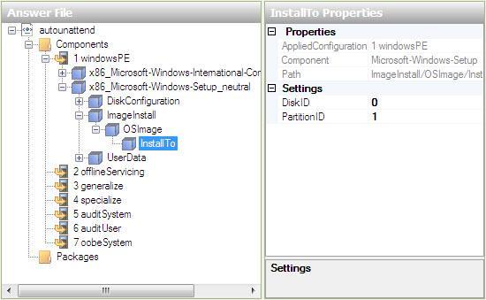 Configuração ao Pass 1 WindowsPE. Selecione InstallTo na área "Arquivo de Resposta".